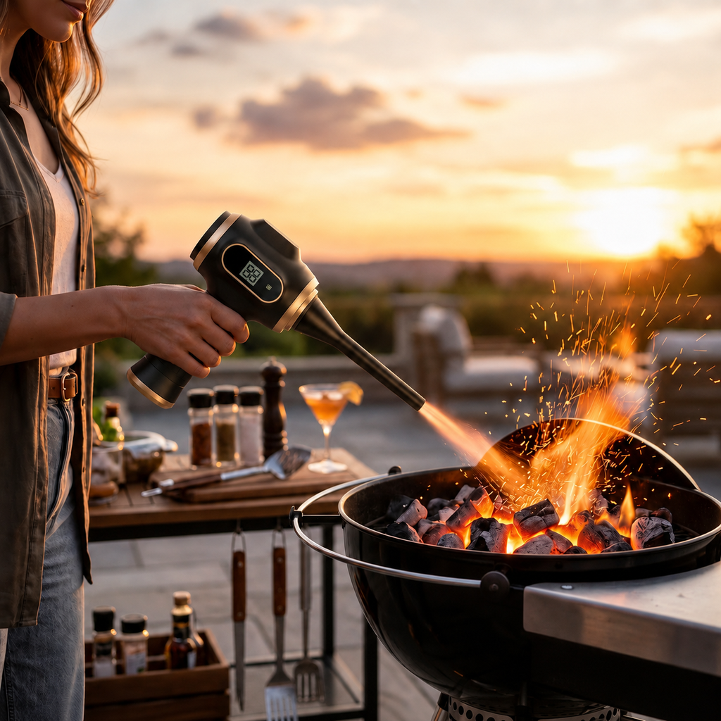 AIRUM PRO avivando la brasa de la barbacoa